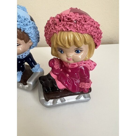 Vintage Kitsch Spaghetti Christmas Kid Village Decor Children Sled Mcm Set4 Lot - Picture 2 of 12